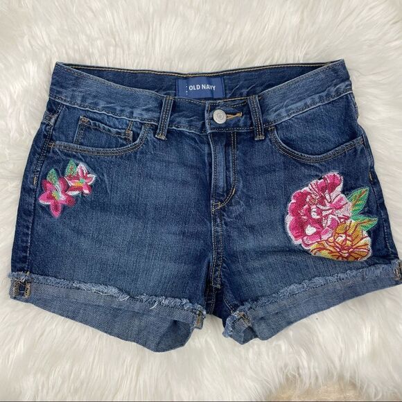 Old Navy floral embroidered shorts size 12 adjustable waist, denim blue … - Picture 1 of 4